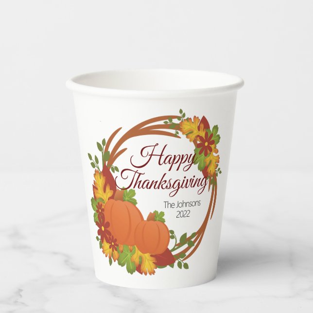 Gobelets En Papier Citrouilles laisse Bon thanksgiving de couronne (Recto)