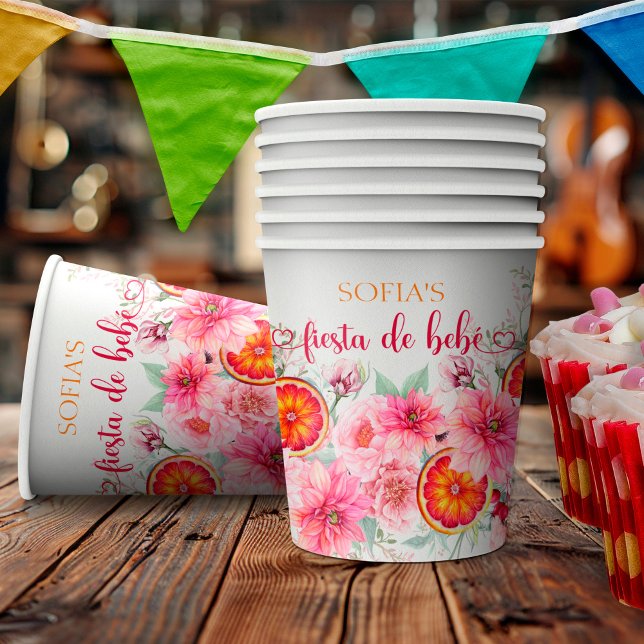 Gobelets En Papier Citrus & Fleurs roses Baby shower espagnol (Citrus & Pink Watercolor Flower Spanish Baby Shower Paper Cups)