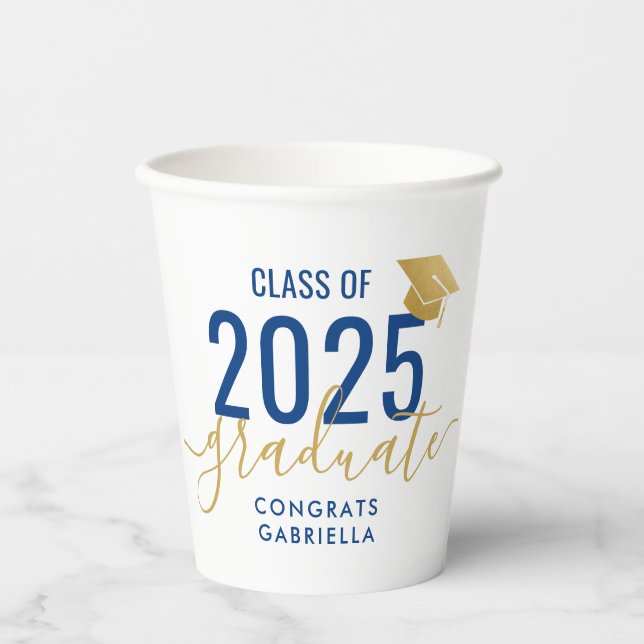 Gobelets En Papier Classe de 2025 Moderne Marine Bleu Gold Graduation (Recto)