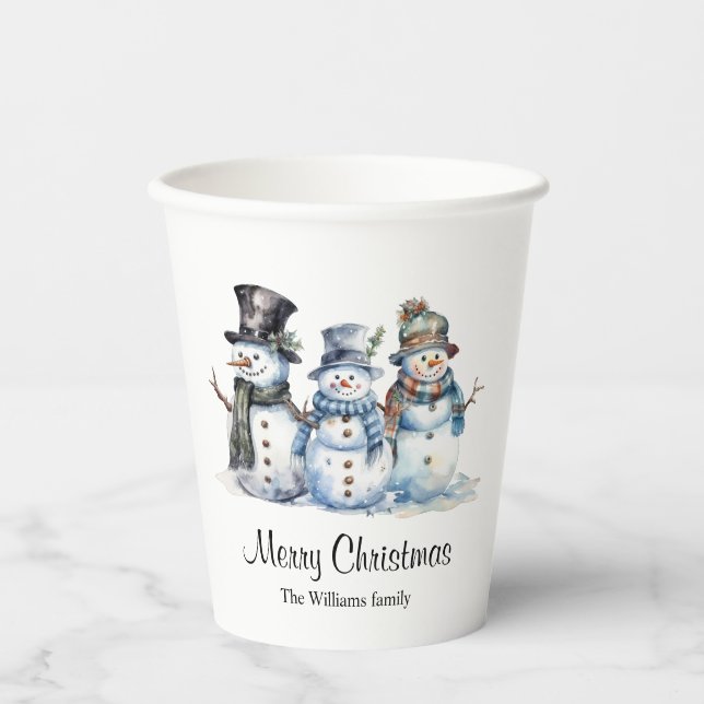 Gobelets En Papier Classique Joyeux Noël Aquarelle Snowman Party (Recto)