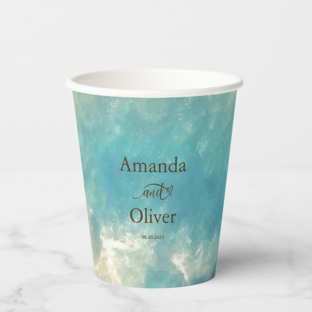 Gobelets En Papier Coastal Chic Golden Sand Turquoise Mariage d'eau (Recto)