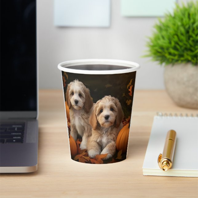 Gobelets En Papier Cockapoo Puppy Citrouille d'automne (Insitu)