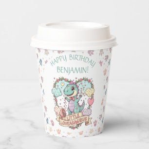 Gobelets En Papier Cœurs doux Petit Dino Anniversaire Personnalisé