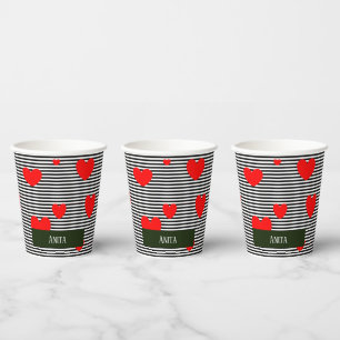 Gobelets En Papier Coeurs et rayures rouges personnalisés