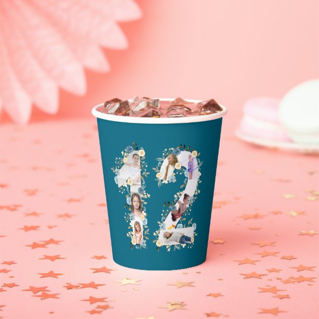 Gobelets En Papier Collage photo turquoise 12e anniversaire Fleur Jau (Insitu)