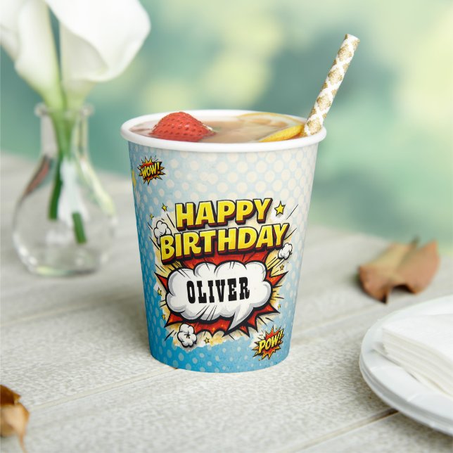 Gobelets En Papier Comic Style Superhero Boy's Name Birthday Party  (Insitu)