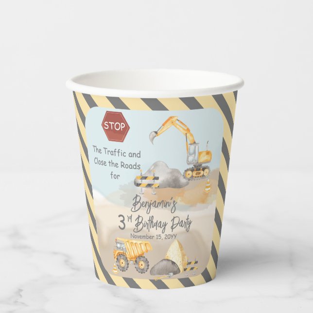 Gobelets En Papier Construction Dump Truck Boy 3e fête d'anniversaire (Recto)