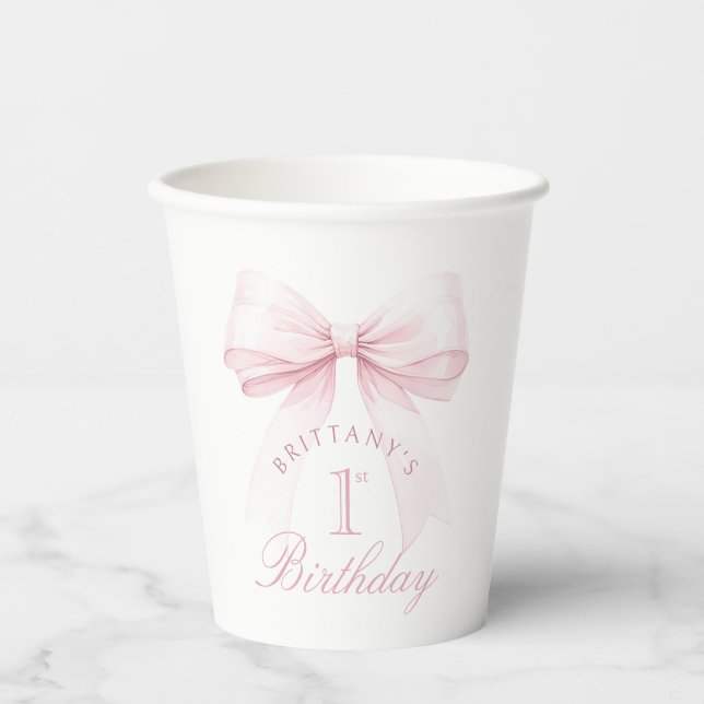 Gobelets En Papier Coquette Bow rose Premier anniversaire (Recto)