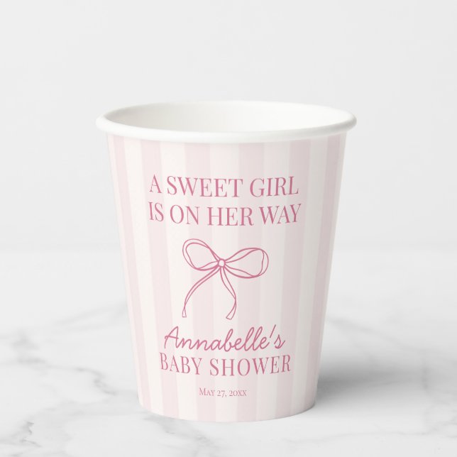 Gobelets En Papier Coquette Rose Bow Pastel Baby shower rayé (Recto)