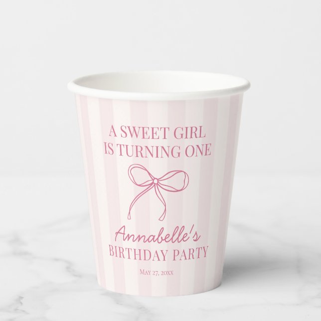 Gobelets En Papier Coquette rose Bow Pastel rayé Anniversaire (Recto)