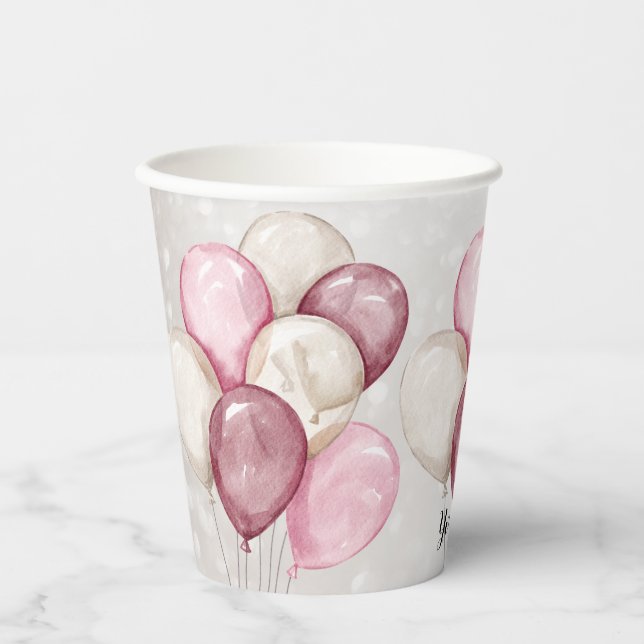 Gobelets En Papier Couleur d'eau rose Ballons Party (Recto)