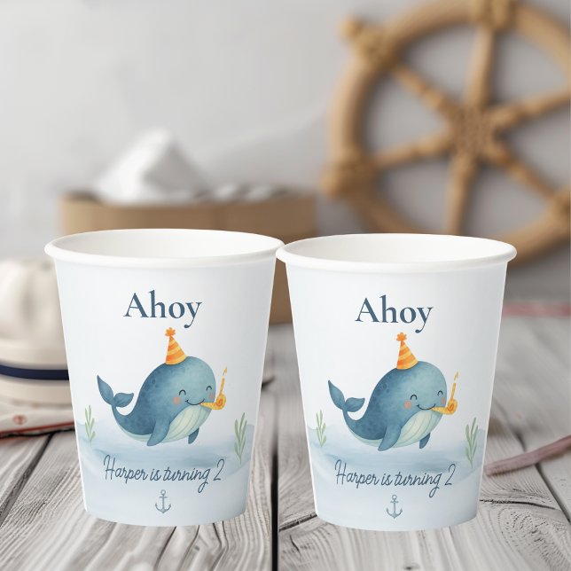 Gobelets En Papier Coupe d'anniversaire Ahoy Little Sailor | Baleine  (Créateur téléchargé)