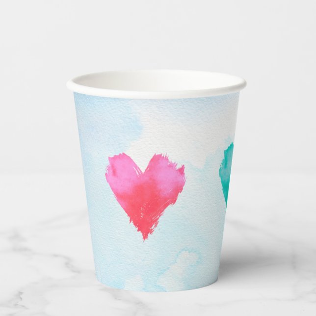 Gobelets En Papier Coupe de la partie Coeurs d'aquarelle (Recto)