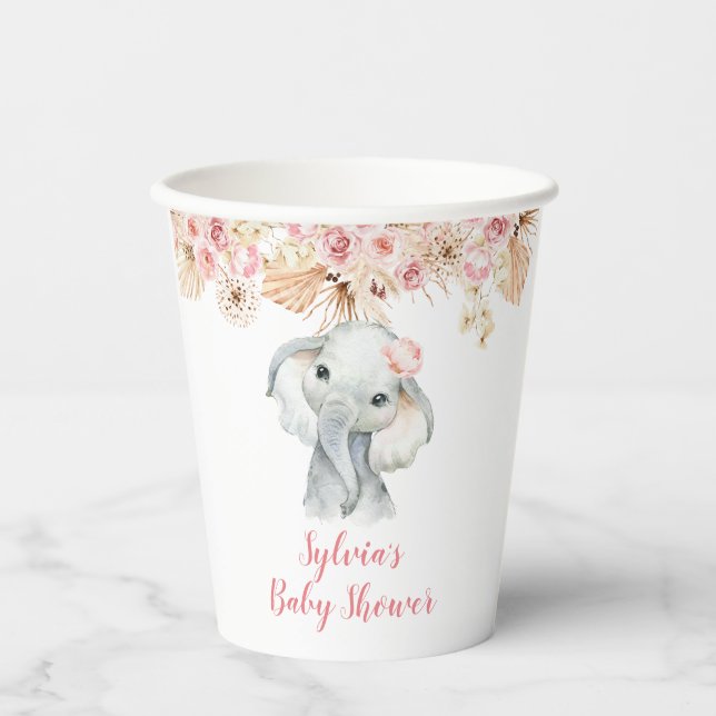 Gobelets En Papier Coupe en papier Baby shower rose Boho Elephant Gir (Recto)