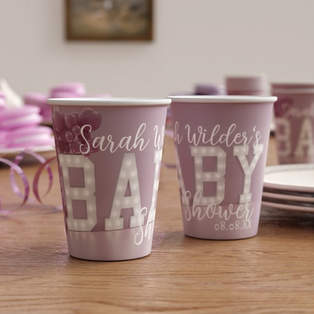 Gobelets En Papier Coupes de papier Baby shower rose et blanc moderne (Just add your name and baby shower date to these cute pink paper cups. )