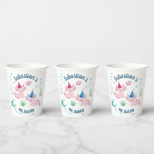 Gobelets En Papier Coupes de papier blanc d'anniversaire Axolotday le