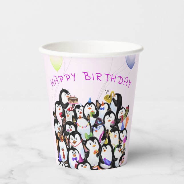 Gobelets En Papier Coupes de papier de pingouin d'anniversaire - Text (Recto)