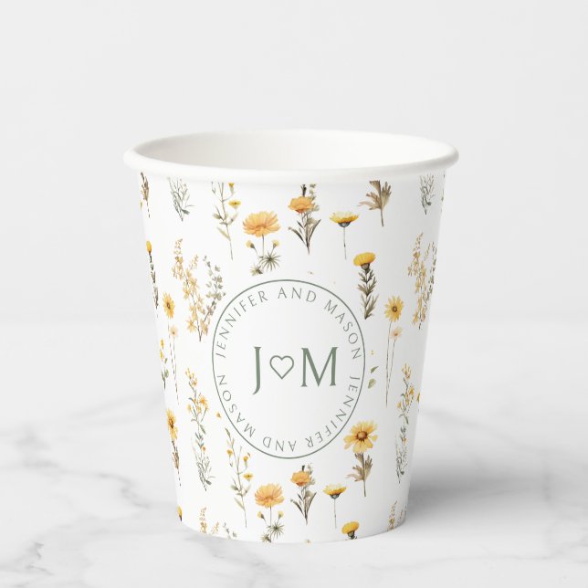 Gobelets En Papier Coupes de papier mariage à monogramme jaune fleuri (Recto)