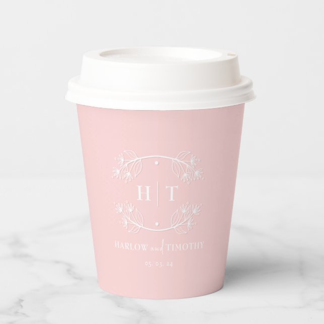 Gobelets En Papier Coupes de papier Mariage en monogramme blanc rose  (Recto)