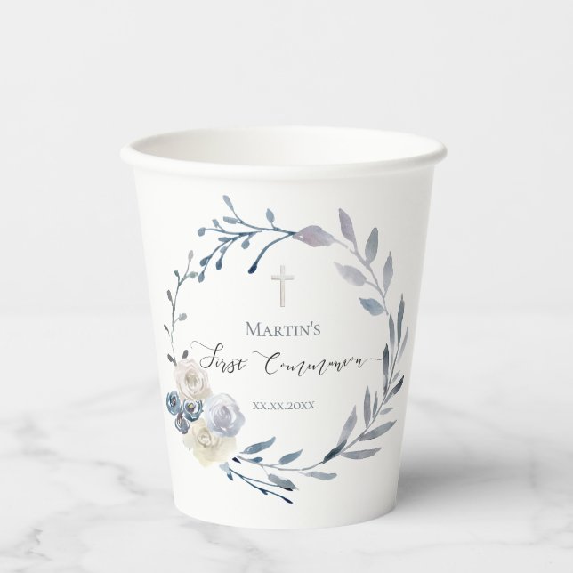 Gobelets En Papier couronne florale bleue Première communion sainte (Recto)