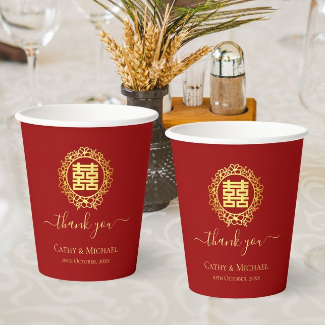 Gobelets En Papier Couronne florale merci mariage chinois rouge (Créateur téléchargé)