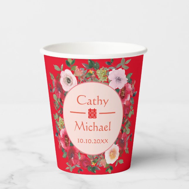 Gobelets En Papier Couronne florale rouge mariage chinois moderne (Recto)