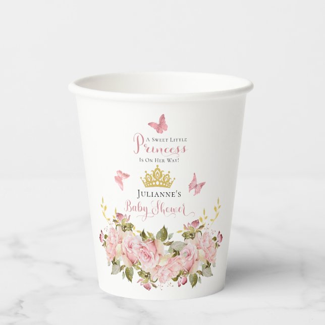 Gobelets En Papier Couronne | Papillons Floral Princess Baby shower (Recto)