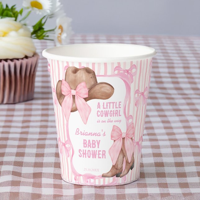 Gobelets En Papier Cowgirl rose arc ruban filles baby shower (Cowgirl pink bow ribbon western girls baby shower monogrammed paper cups personalized table decor)