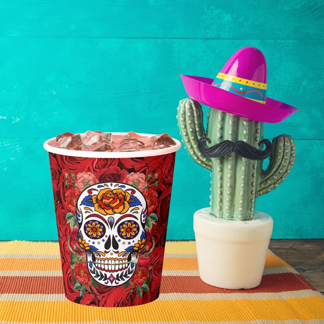Gobelets En Papier Crâne sucre rose Roses rouges Vacances (Sugar Skull Pink Red Roses Holidays Paper Cups)