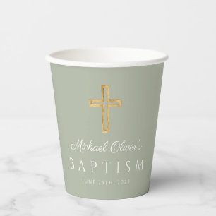 Gobelets En Papier Croix religieuse vert sauge Baptême garçon
