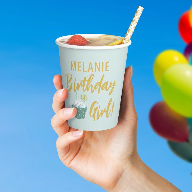 Gobelets En Papier Cupcake 60e Anniversaire Monnaie verte 8oz (Happy Birthday! Add your name and age to this cute cupcake birthday party paper cup)