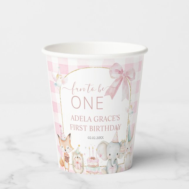 Gobelets En Papier Cute Animals Fun To Be One 1st Birthday Pink (Verso)