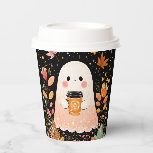 Gobelets En Papier Cute Autumn Ghost with Pumpkin Coffee – Cozy Fall  (Recto)
