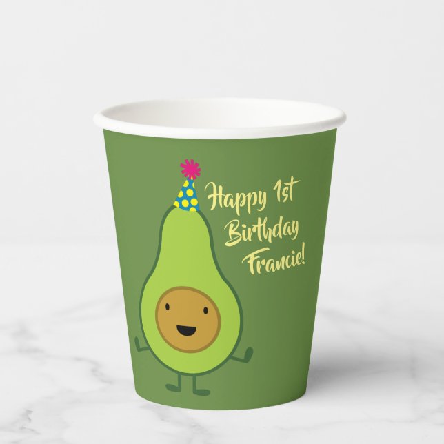 Gobelets En Papier Cute Avocado 1er anniversaire enfants (Recto)