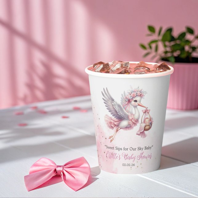 Gobelets En Papier Cute Baby Girl Stork & Pink Cloud Baby Shower (Créateur téléchargé)