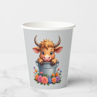 Gobelets En Papier Cute Baby Highland Cow With flowers Calf Animal co