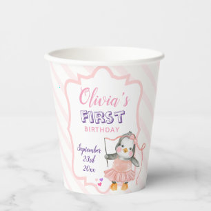 Gobelets En Papier Cute Ballerina Baby Penguin rose 1er anniversaire