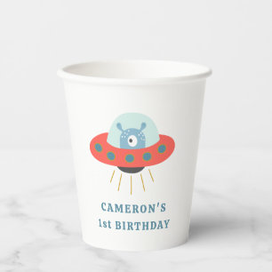 Gobelets En Papier Cute Blue Alien vaisseau 1er anniversaire fête