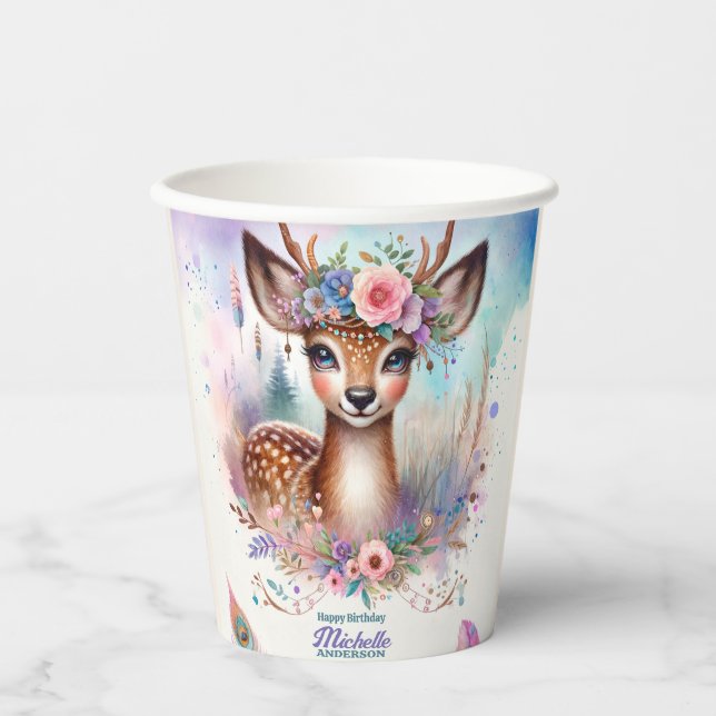 Gobelets En Papier Cute Boho Aquarelle Woodland Deer Anniversaire (Recto)