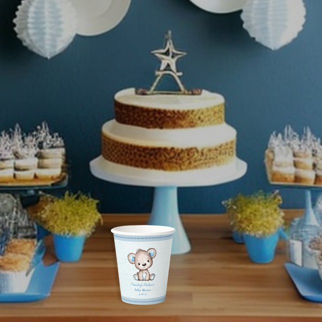 Gobelets En Papier Cute Brown Ours Garçon Blanche Bleue (Créateur téléchargé)