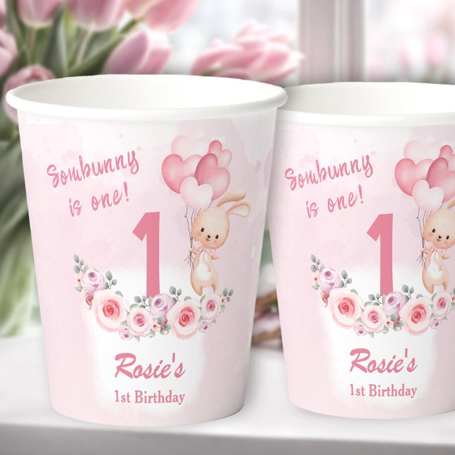 Gobelets En Papier Cute Bunny rose 1er Anniversaire Fille Printemps F (Cute Bunny Pink 1st Birthday Girl Floral Spring Paper Cups)