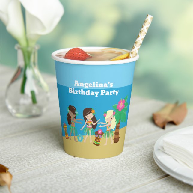 Gobelets En Papier Cute Custom Luau Beach Hula Girls Anniversaire (Insitu)