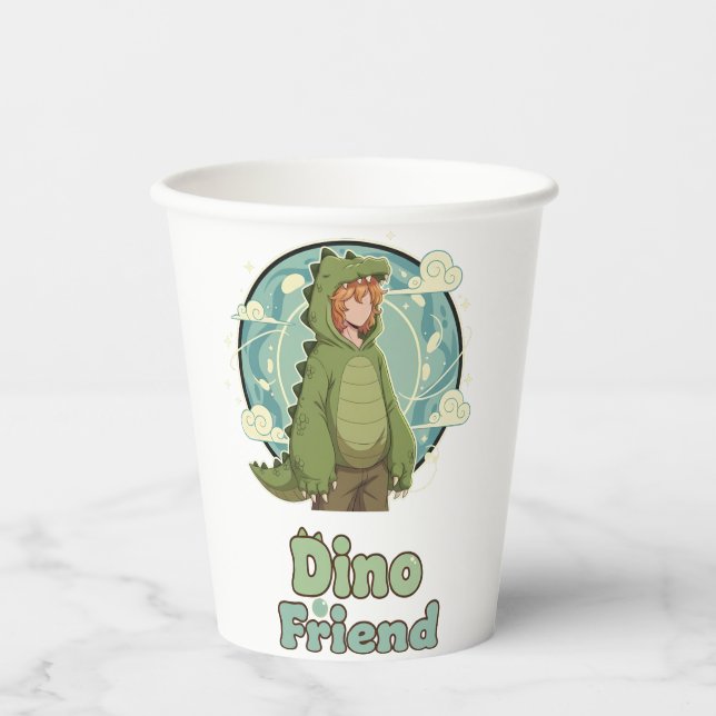 Gobelets En Papier Cute Dino Friend Anime Boy - Green Dinosaur (Recto)
