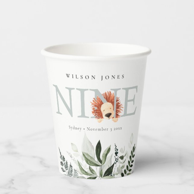 Gobelets En Papier Cute Dusky Blue Lion Foliage 9e Anniversaire (Recto)