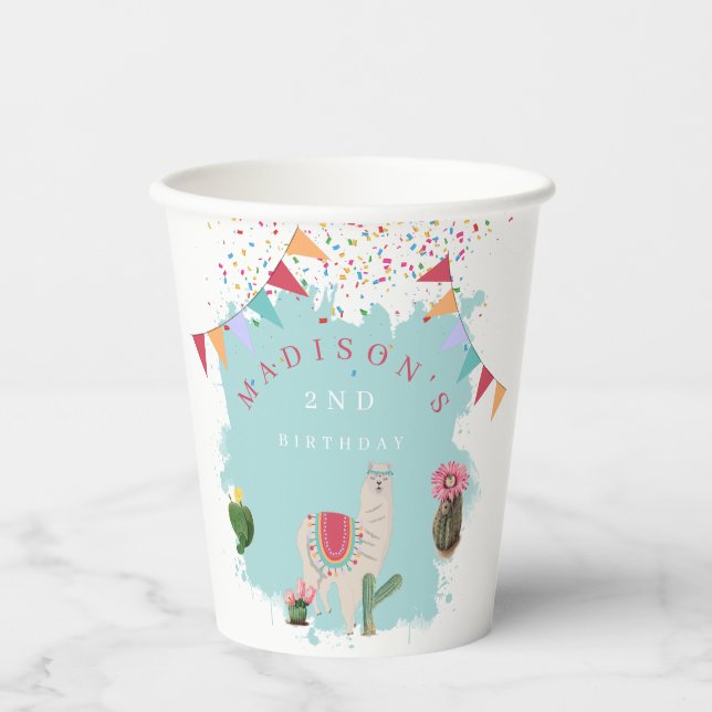 Gobelets En Papier Cute Fiesta Llama & Cactus Anniversaire de enfant (Recto)