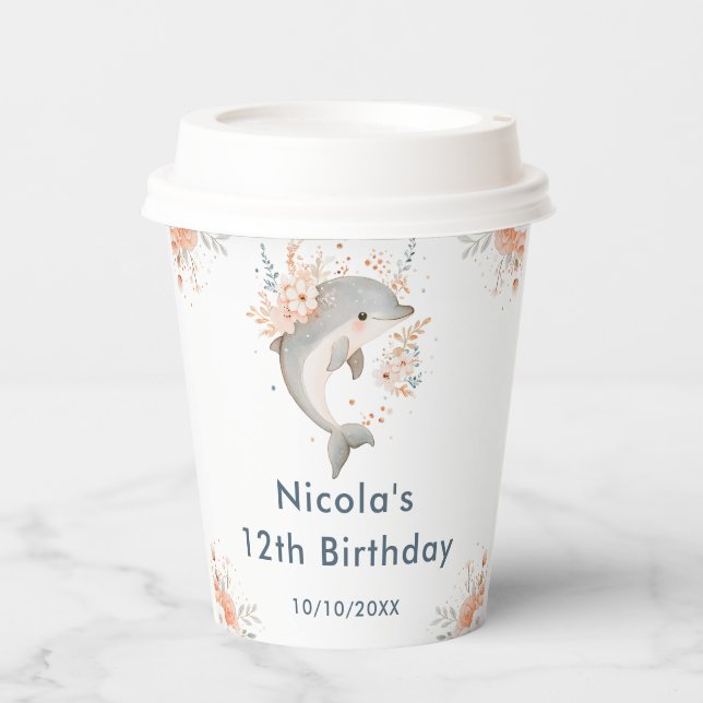 Gobelets En Papier Cute Floral Dolphin Birthday Party (Recto)