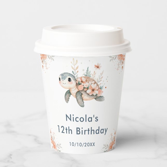 Gobelets En Papier Cute Floral Turtle Birthday Party (Recto)