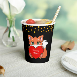 Gobelets En Papier Cute Fox & Golden Confetti en noir