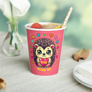 Gobelets En Papier Cute Hérisson personnalisable Fille d'anniversaire