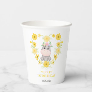 Gobelets En Papier Cute Hippopotamus Coeur de Fleur Jaune 1er Anniver